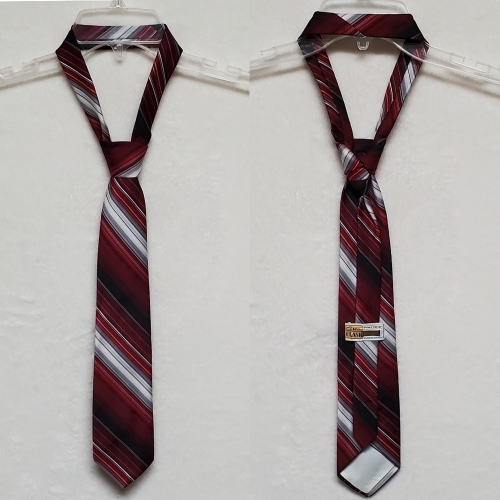 70s Vintage Prince Consort Golden Clasp Burgundy Gray Horizontal Stripe Necktie